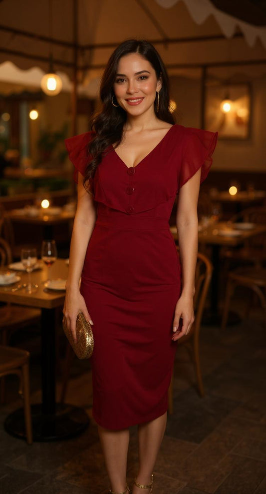 Vestido rojo vino con volante AOMEI / AO97 image 1