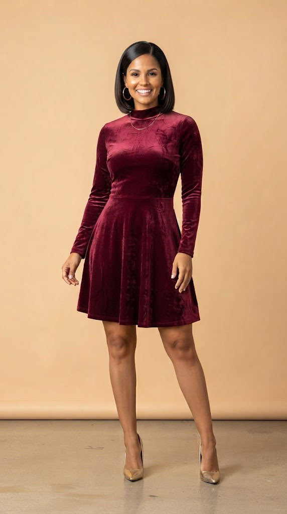 Vestido de terciopelo vino con cuello alto AOMEI / AO65