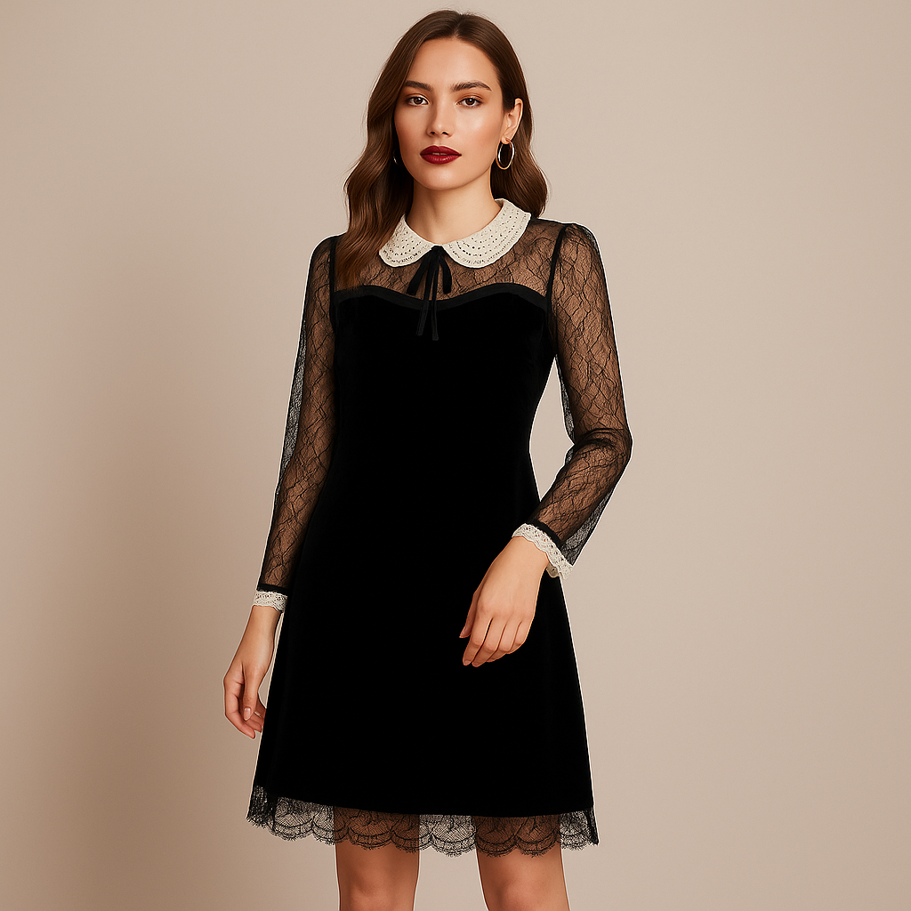 Vestido negro terciopelo con encaje / V197 image 0