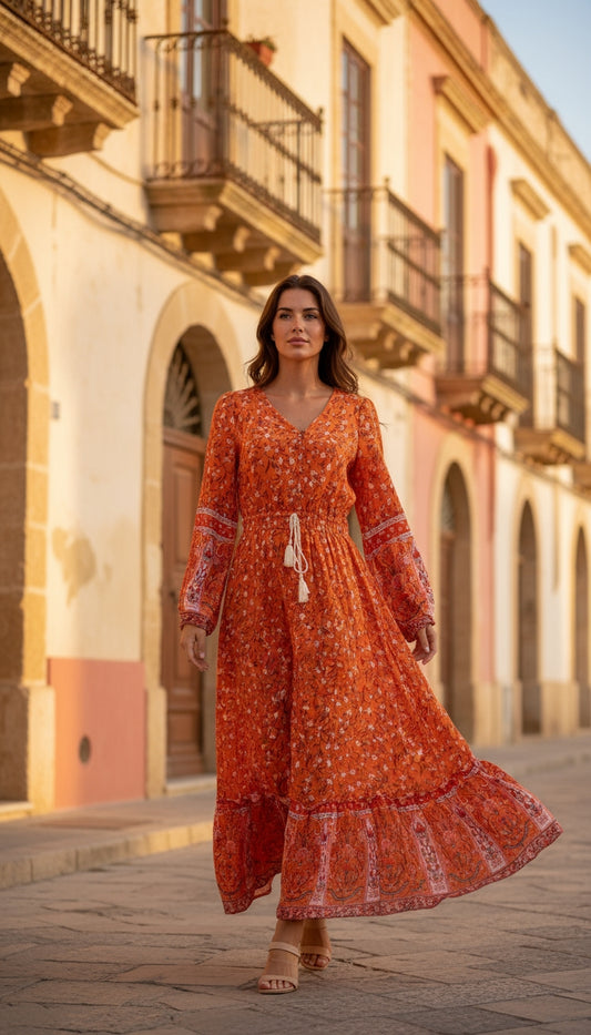 Vestido boho largo naranja estampado /ANV12 image 0