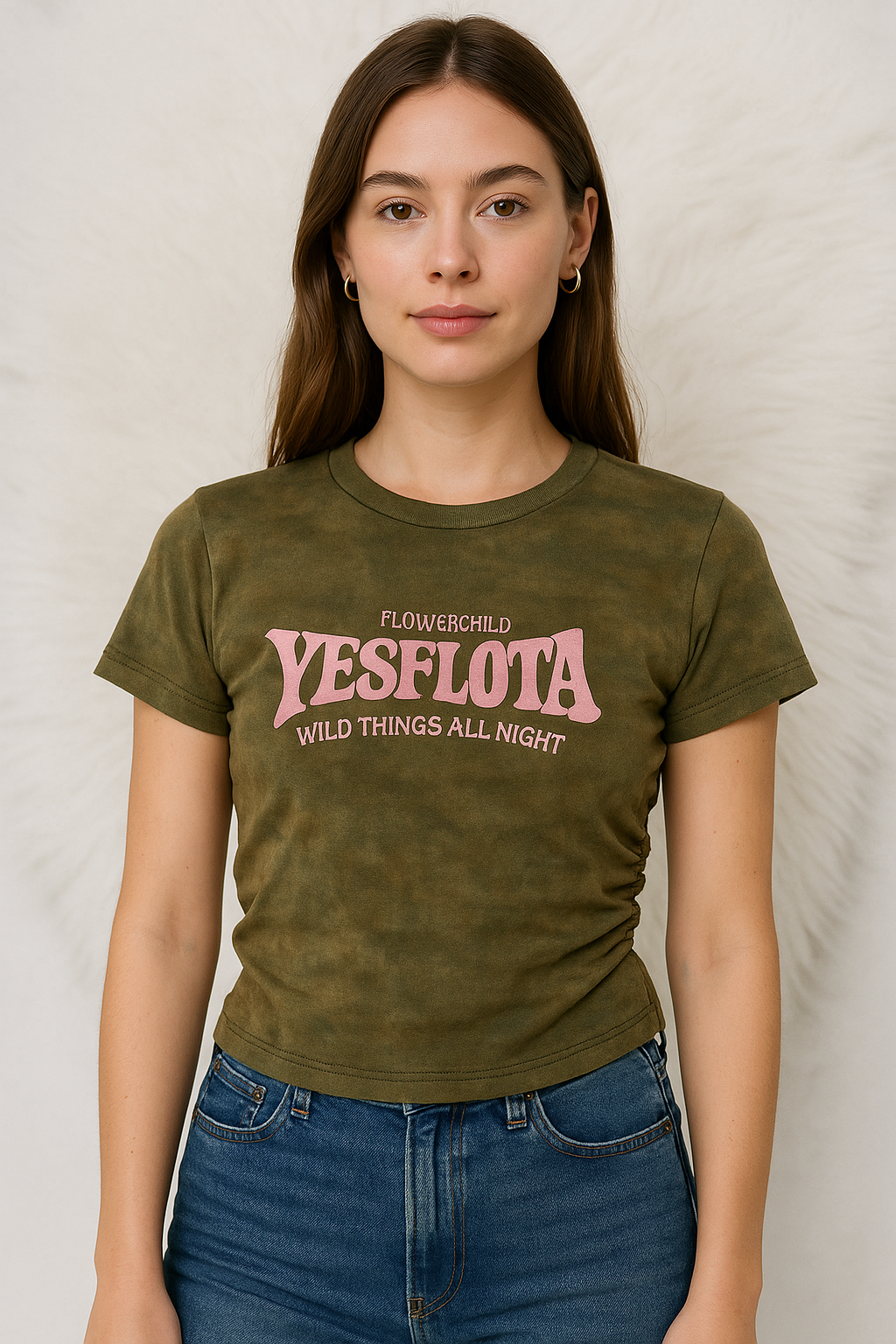 Crop verde militar con estampado frontal "YESFLORA", estilo urbano / P275 image 0