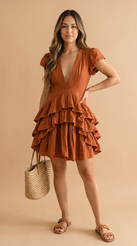 Vestido corto terracota con volantes/ AO62