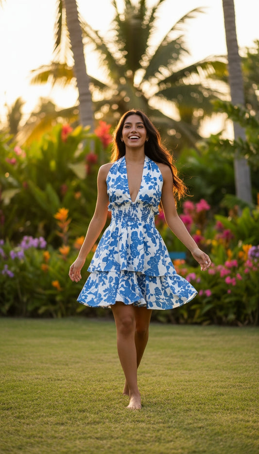 Vestido azul floral volantes / ANV26