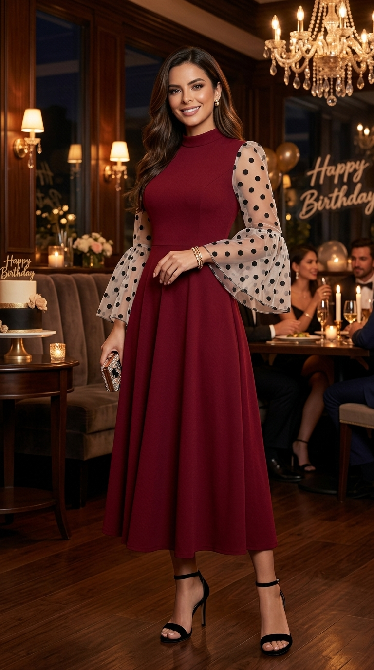 Vestido Vinotinto con Mangas Transparentes / CUM43