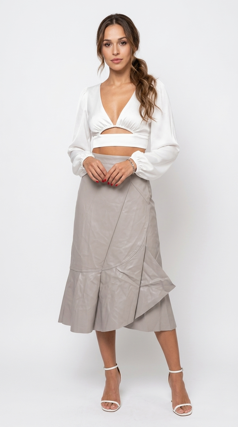 Falda Asimétrica Beige con Blusa Blanca / CAS62