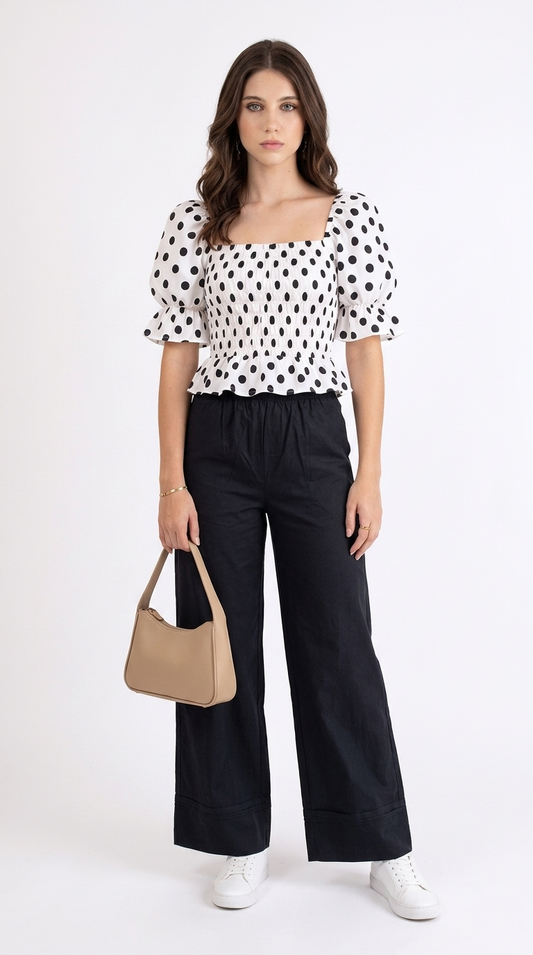 Set Blanco Estampado con Palazzo Negro / CAS43