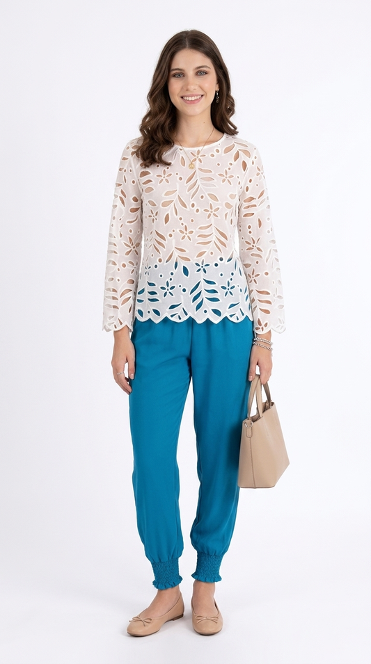 Set Crochet Blanco con Pantalón Azul / CAS47