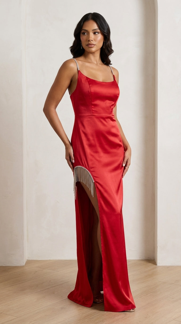 Vestido rojo satinado con abertura lateral / UV15