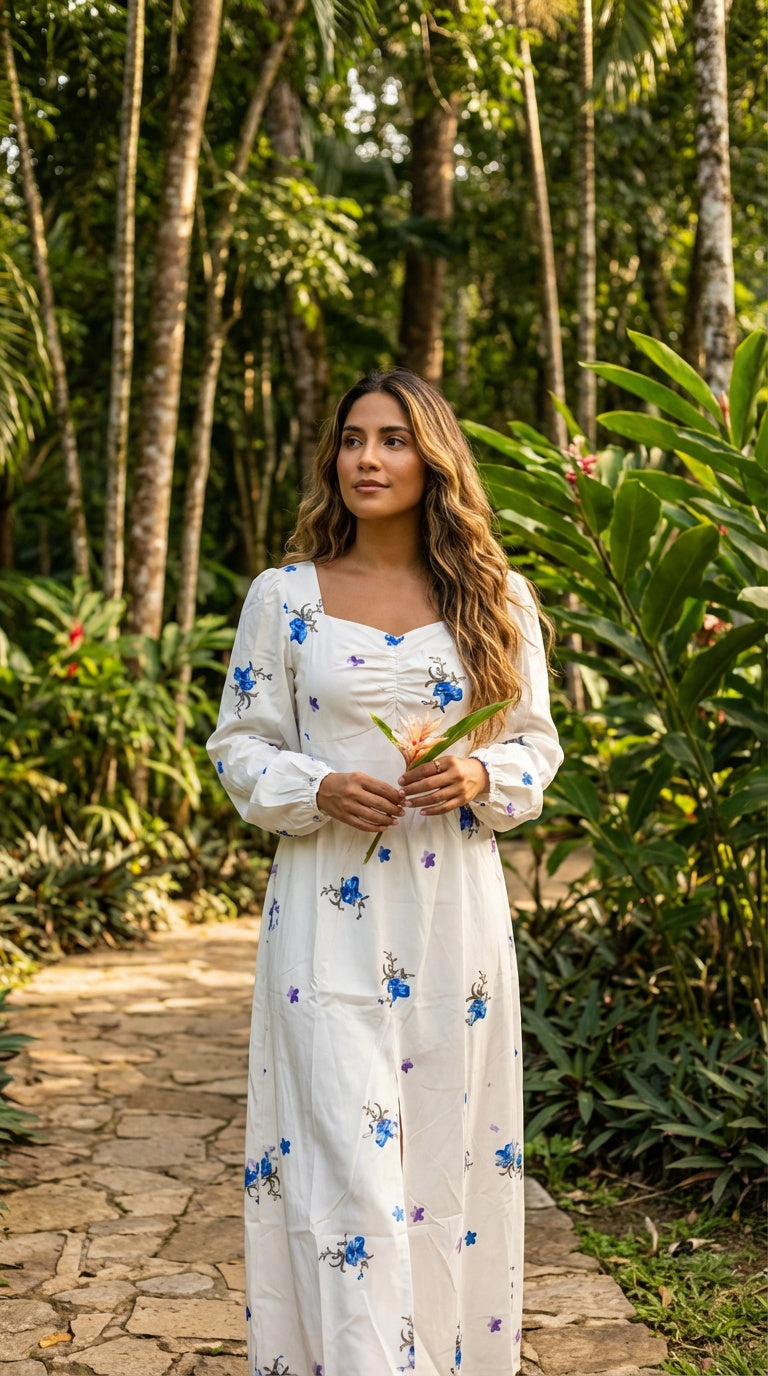 Vestido blanco largo floral / L8A