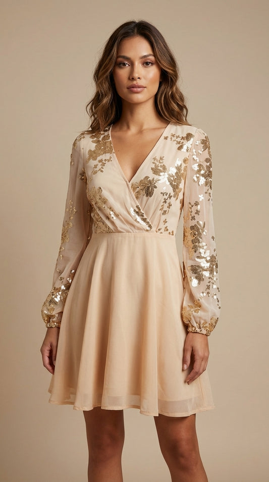 Vestido beige con aplicaciones doradas / UV22