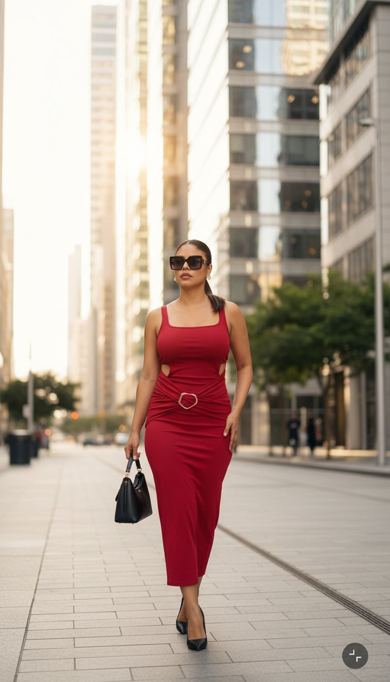Vestido Rojo con Cut Outs y Aro Decorativo/ ANV74