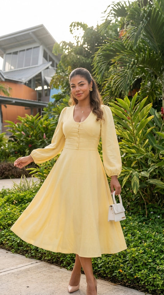 Vestido amarillo elegante corte A/ANV76