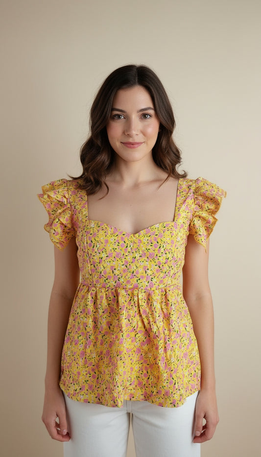 Blusa Romántica Amarilla con Estampado de Flores / SH42 Betzy