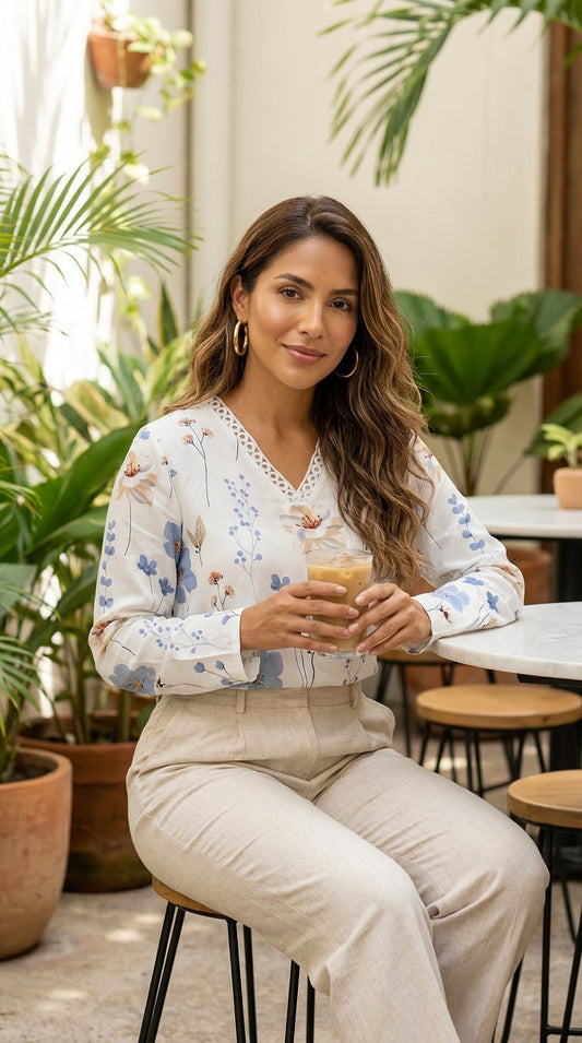 Blusa blanca floral manga larga / L44A