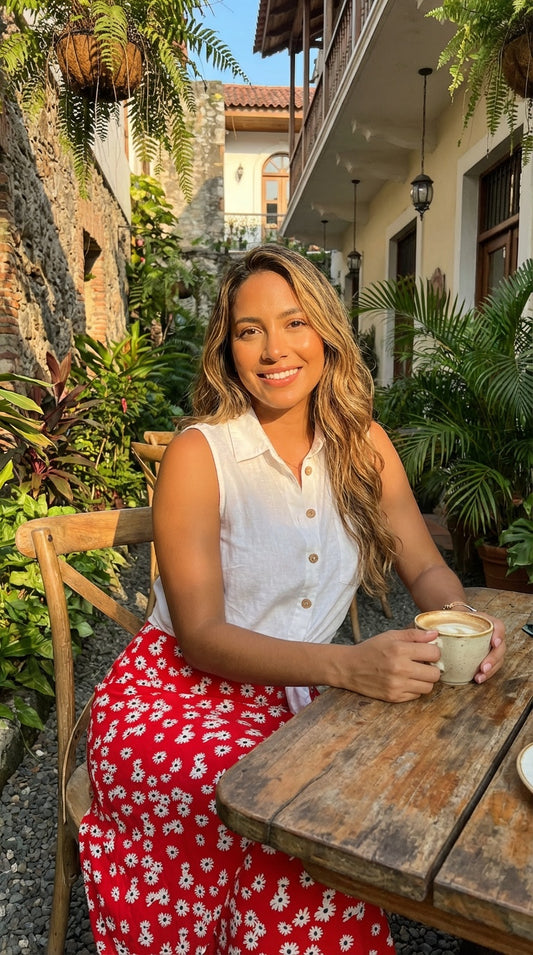 Falda midi roja floral / L19A