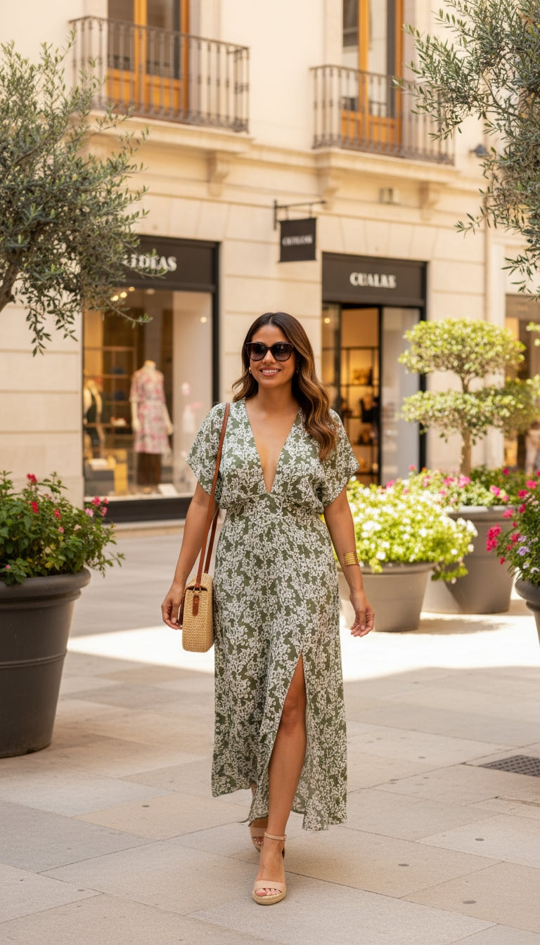 Vestido largo marrón floral con escote en V /ANV09