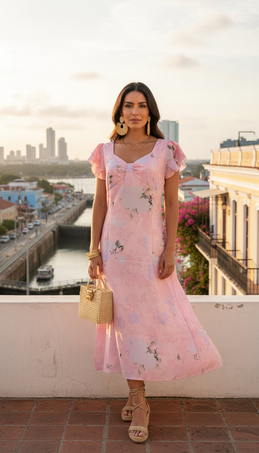 Vestido Midi Rosa con Volantes / L69A