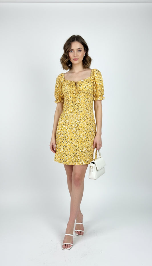 Vestido amarillo floral manga campesina /ANV02
