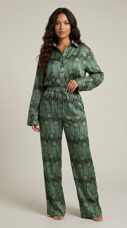Set Camisa y Pantalón Verde Estampado Contemporáneo / ANSET02