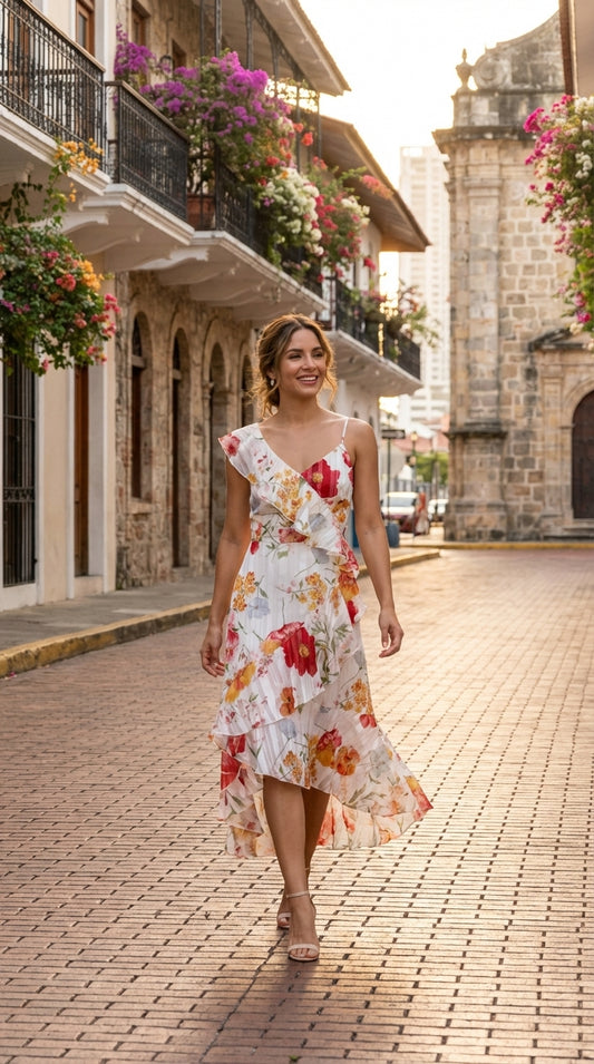 Vestido floral blanco con volantes / UV3