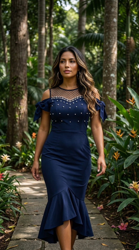 Vestido azul marino plisado / AO162