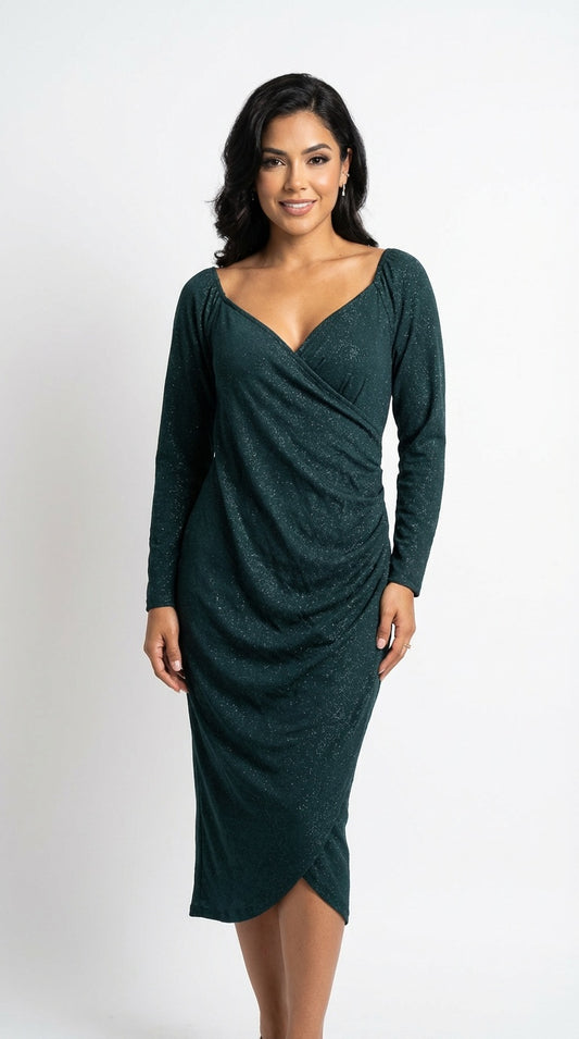 Vestido verde drapeado manga larga / UV41