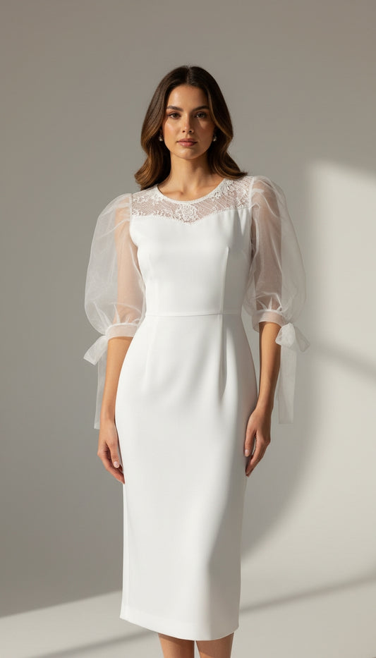 Vestido blanco con mangas de tul / AO106