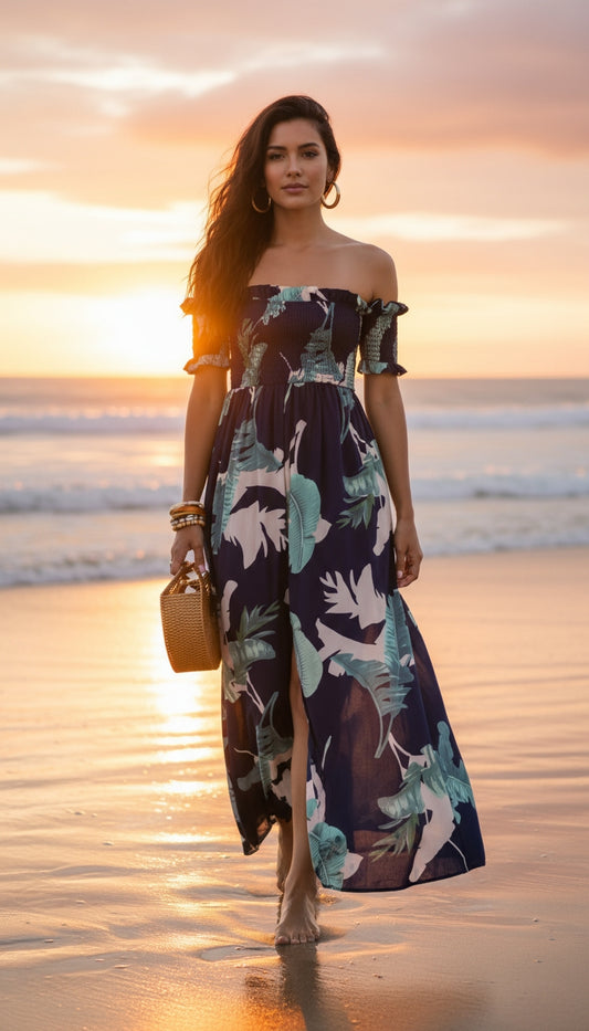 Vestido largo azul tropical con hombros descubiertos /ANV04