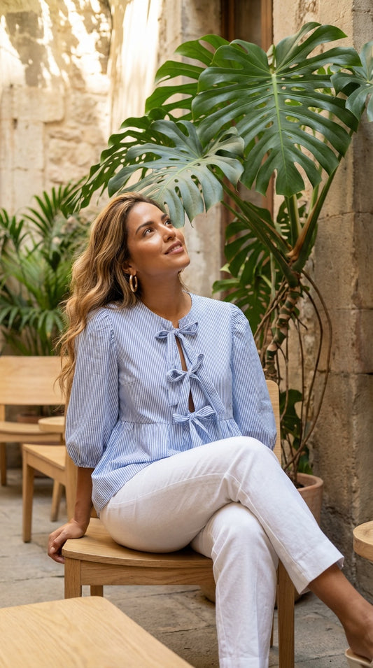 Blusa celeste manga corta lazo / ANB15