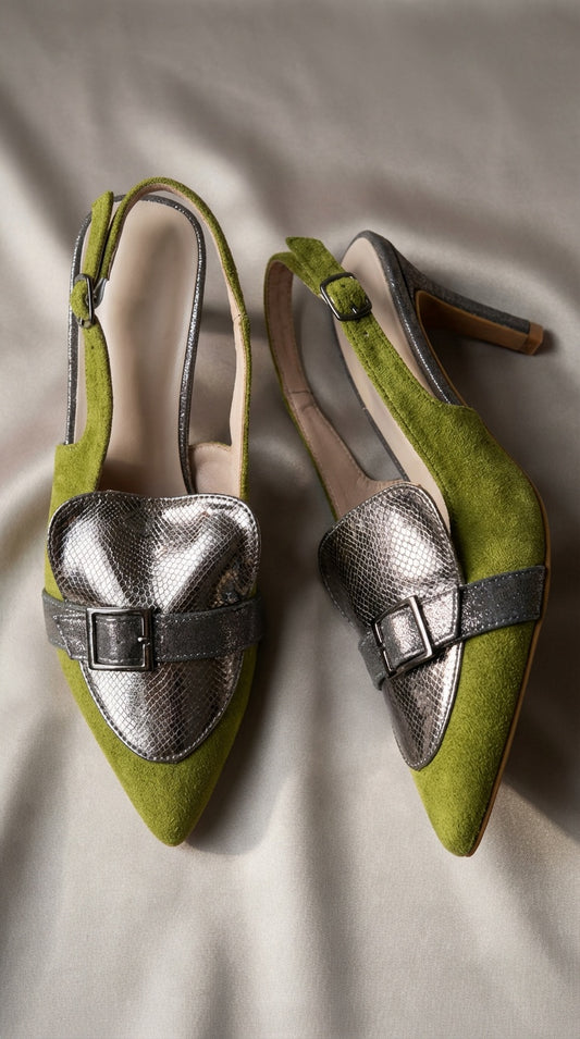 Zapatos Tacón Verde Oliva y Plata / Z260116