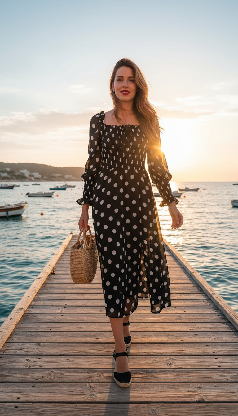 Vestido negro midi con lunares blancos /ANV06 image 0