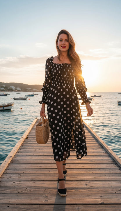 Vestido negro midi con lunares blancos /ANV06 image 0