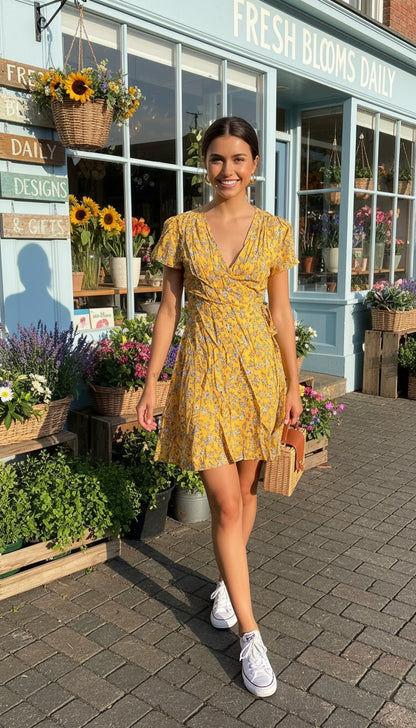 Vestido corto mostaza con vuelo y escote cruzado /ANV05 image 0