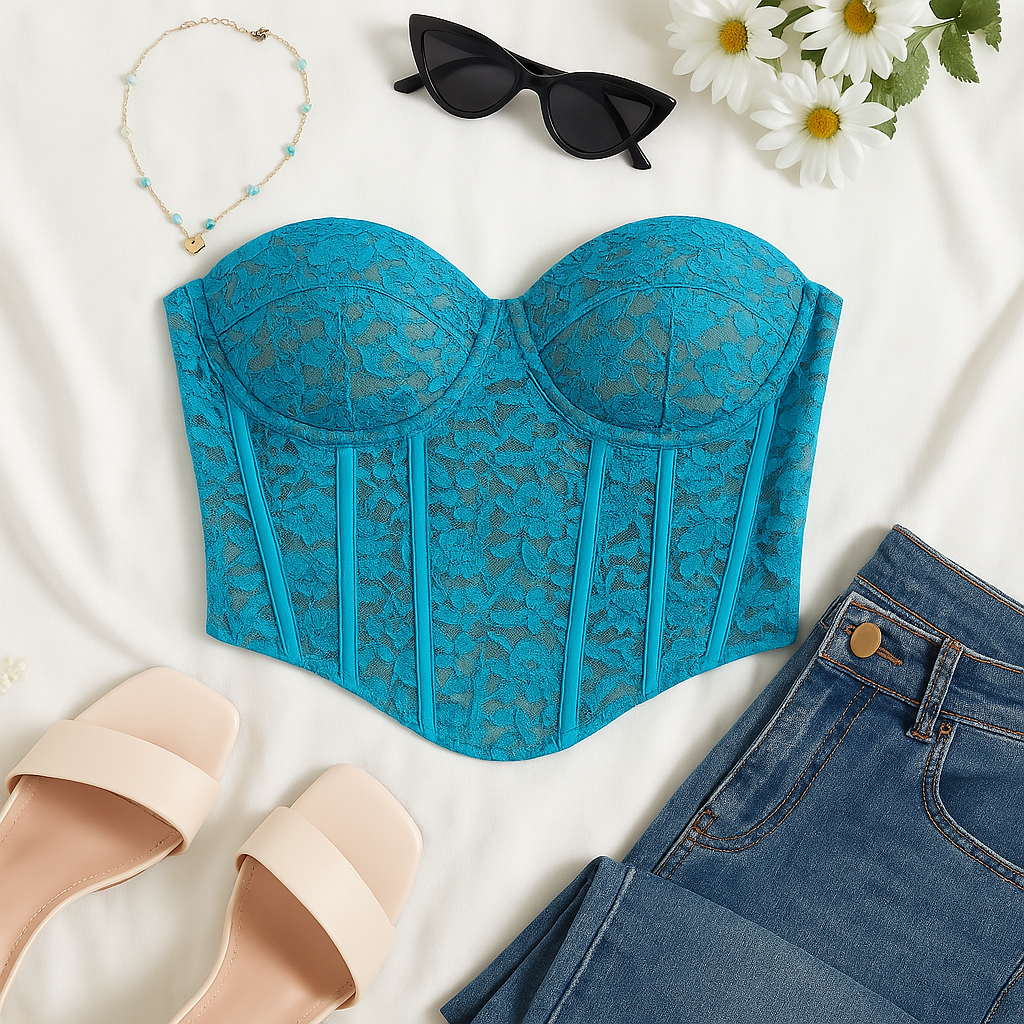 Top turquesa corset con varillas y encaje / V323 image 2