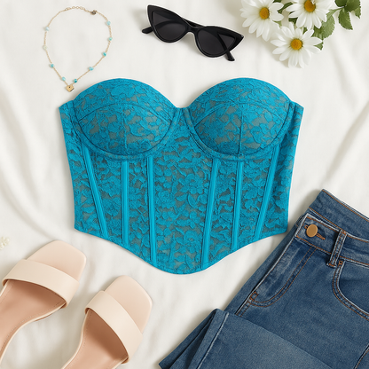 Top turquesa corset con varillas y encaje / V323 image 2