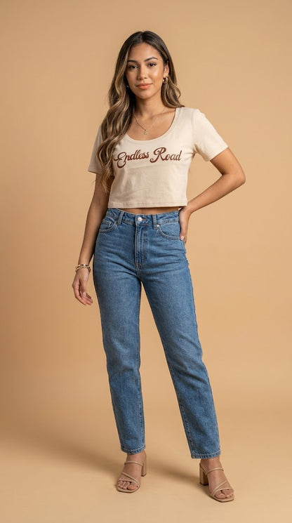 Camiseta Crop Beis Texto / ANB26105