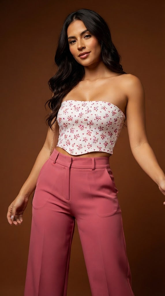 Top strapless floral base blanca / V361