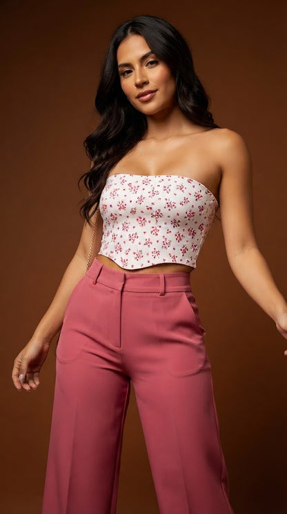 Top strapless floral base blanca / V361