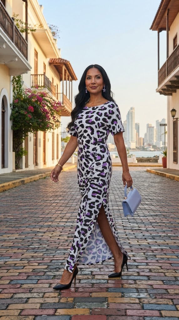 Vestido estampado blanco con morado AOMEI / AO90