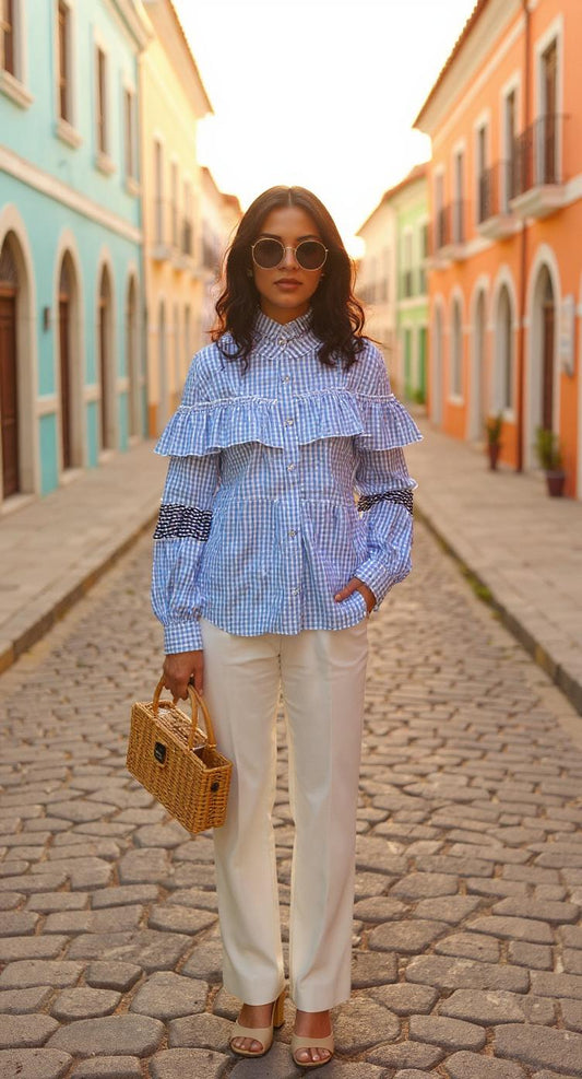 Blusa azul con cuadros y volantes/ AO69 image 0