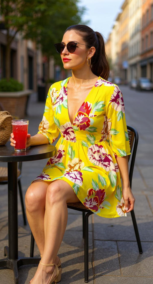 Vestido floral amarillo escote en V AOMEI / AO98 image 1