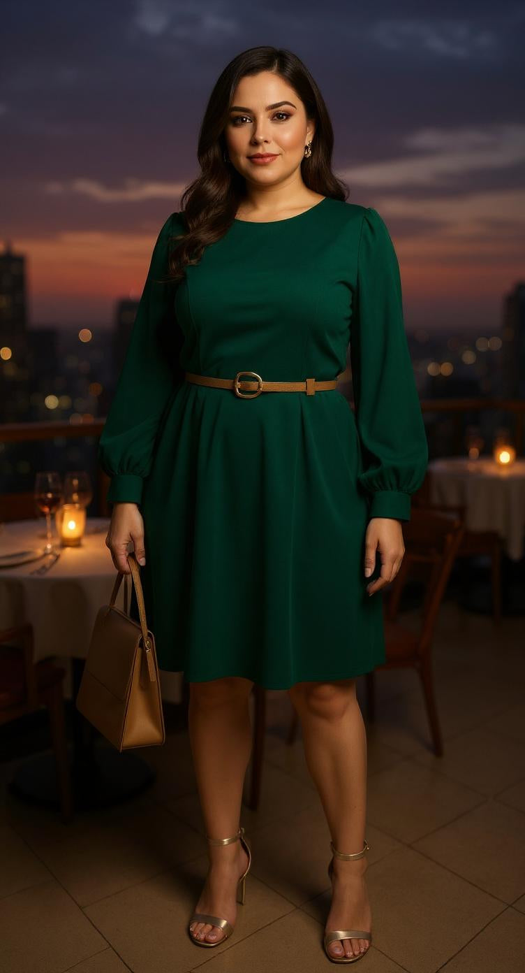 Vestido verde suelto con mangas globo / AO57 image 0