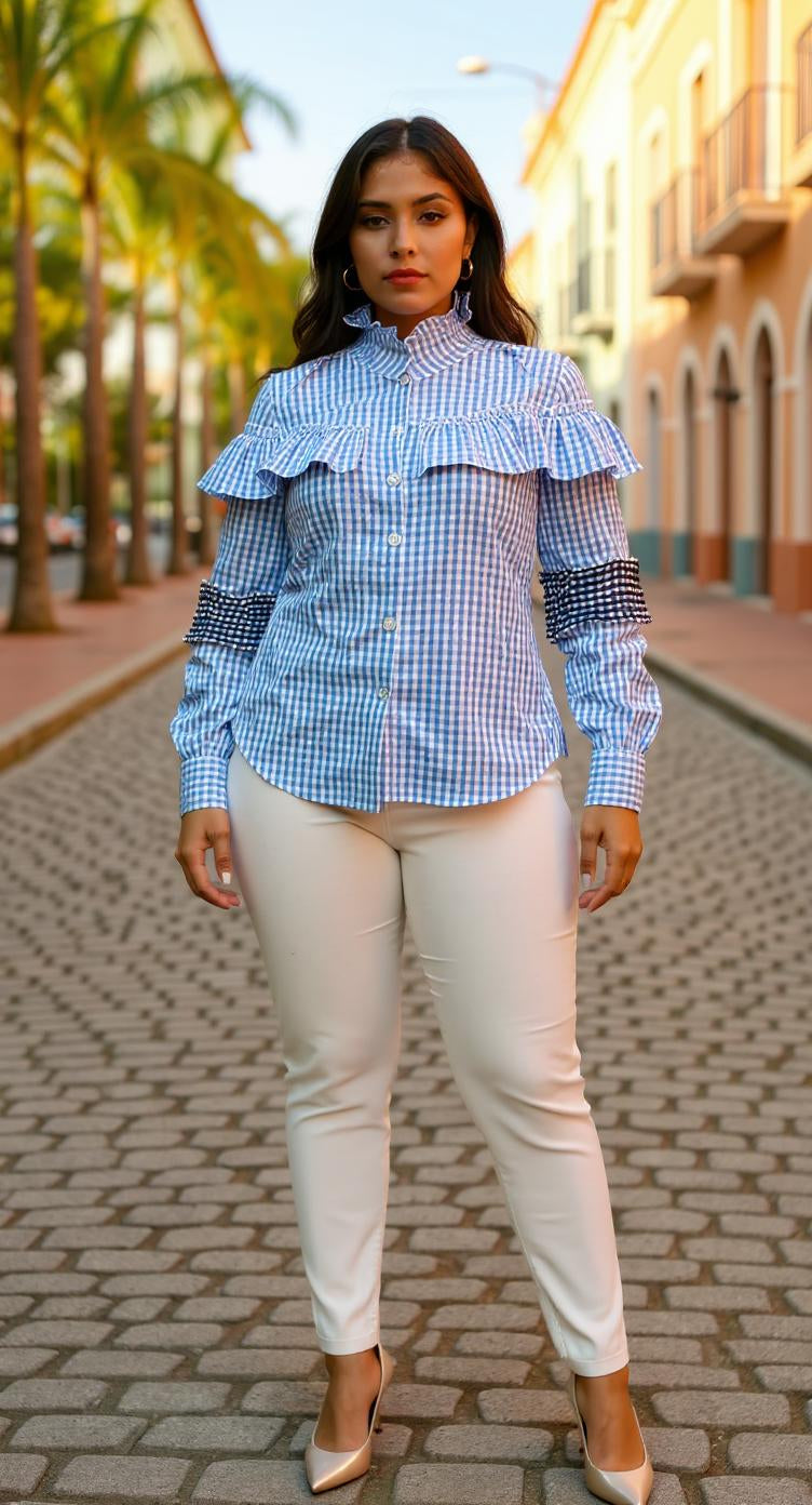 Blusa azul con cuadros y volantes/ AO69 image 6