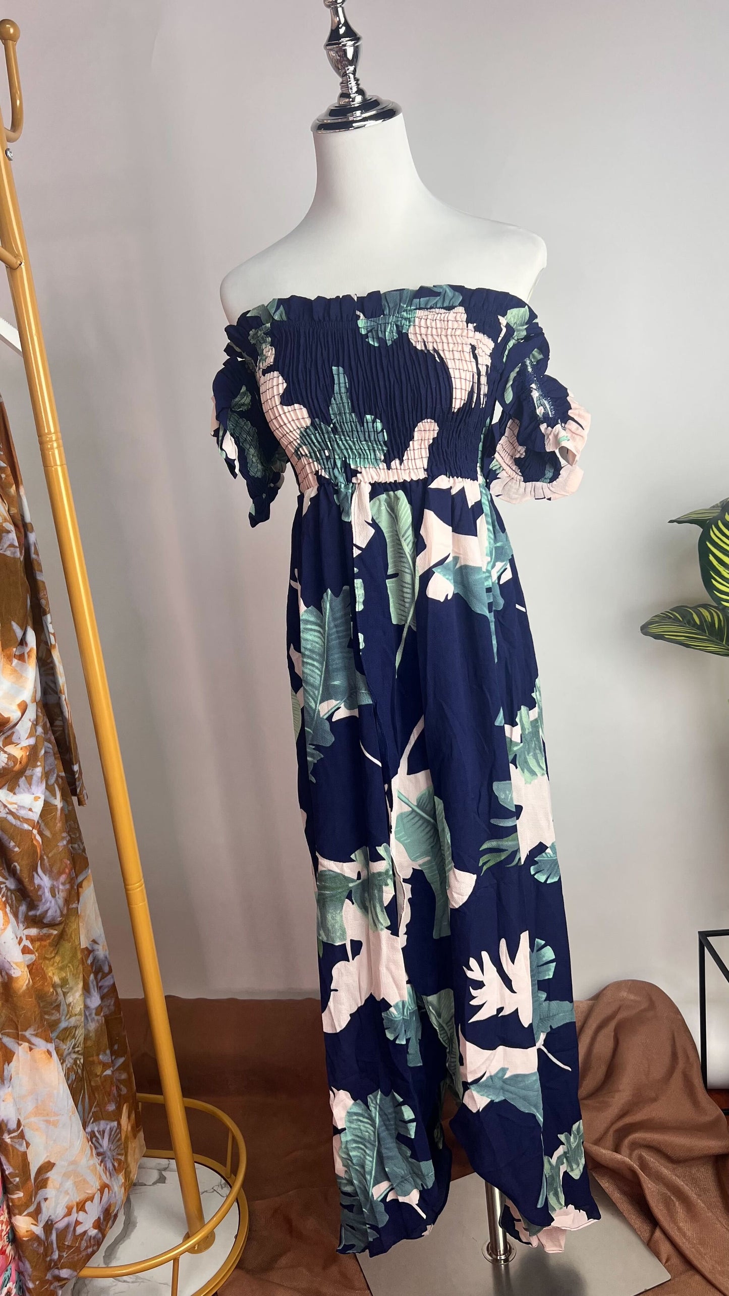 Vestido largo azul tropical con hombros descubiertos /ANV04 image 2