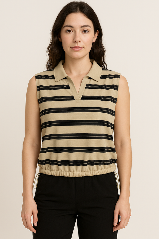 Polo sin mangas rayado beige y negro, estilo casual / P363 image 0