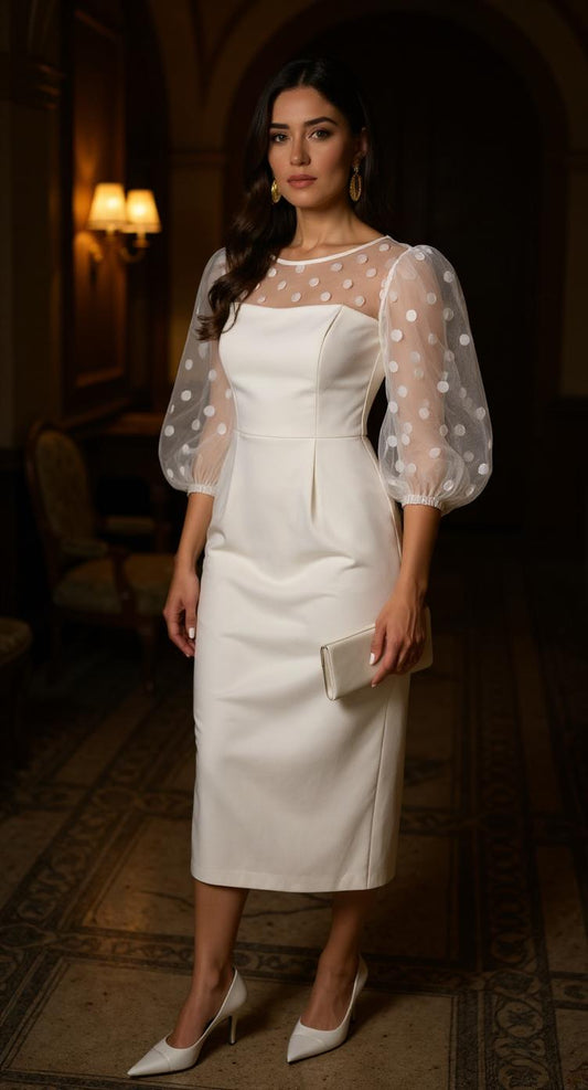 Vestido blanco con mangas abullonadas de tul AOMEI / AO68 image 0