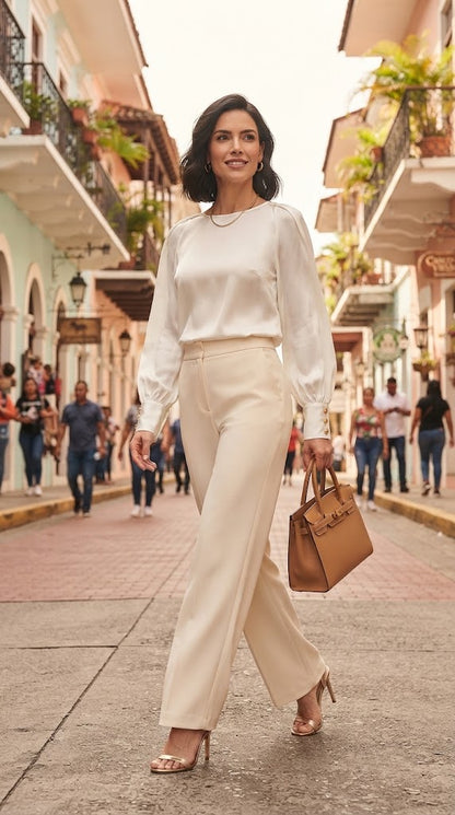 Blusa blanca con mangas globo plisadas AOMEI / AO100