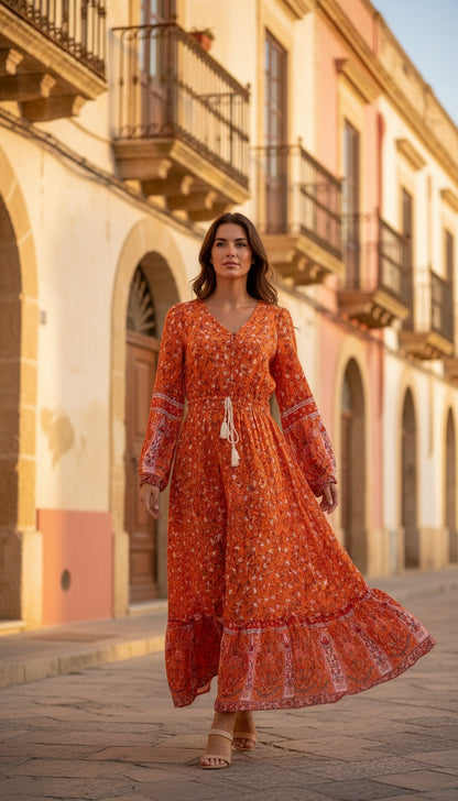 Vestido boho largo naranja estampado /ANV12 image 0
