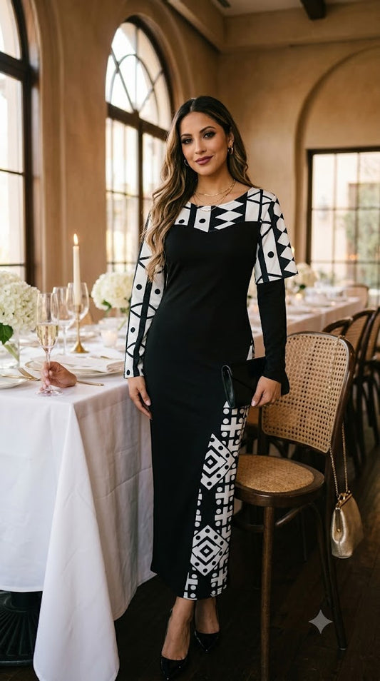 Vestido blanco/negro estampado / AO152
