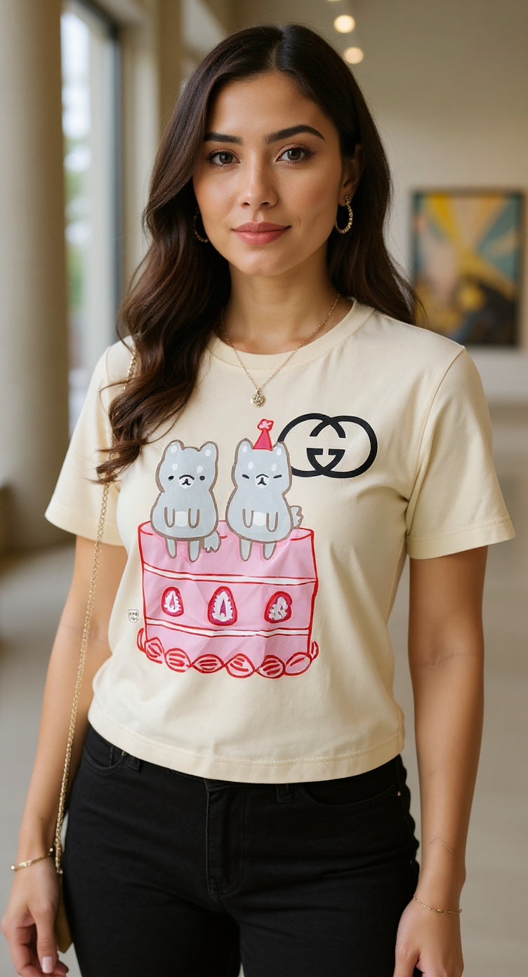 Camiseta beige con dibujo rosa / P380 image 0